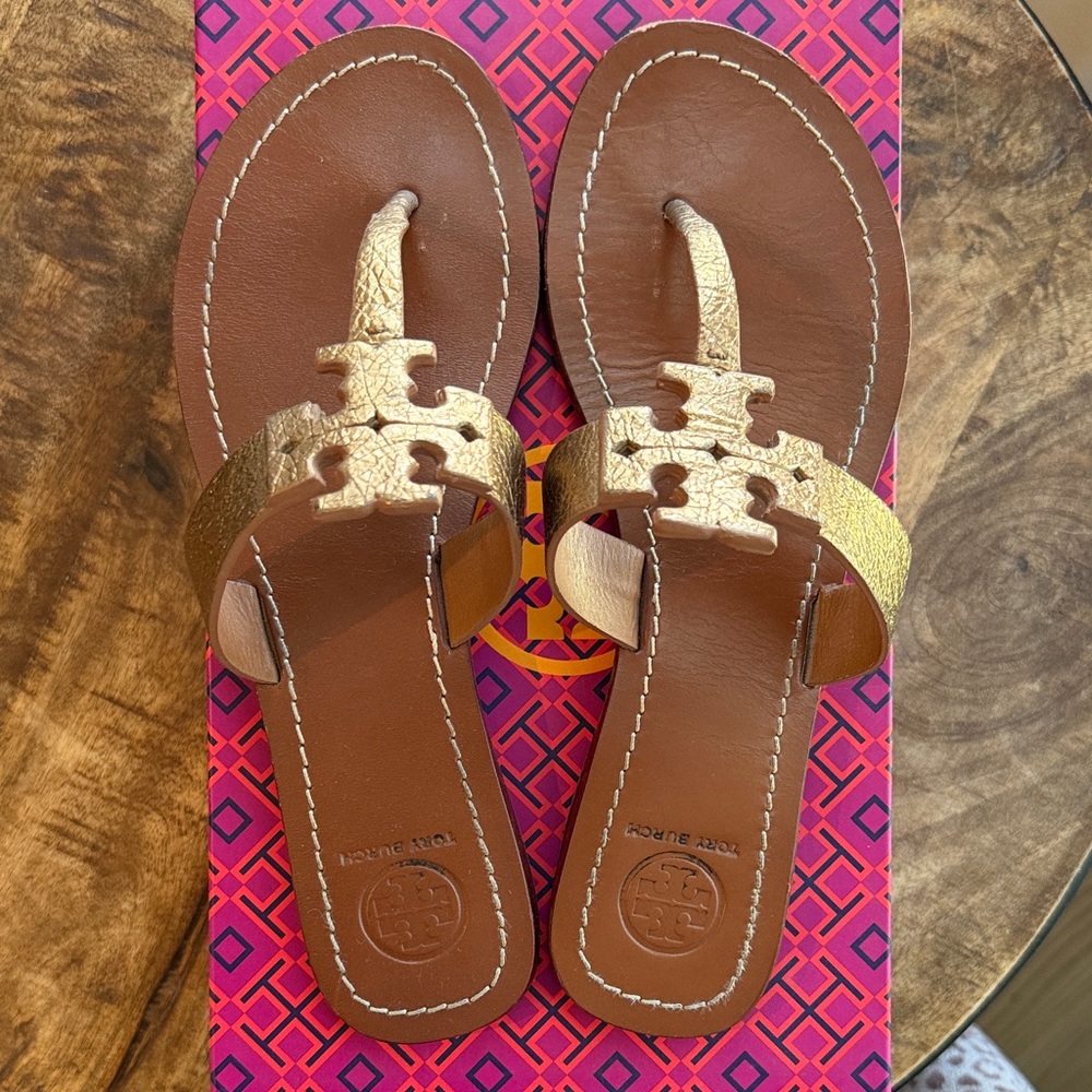 Tory Burch Bronze Leather Logo Thong Sandals